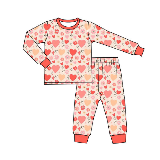 Preorder(moq 5) Baby Girls Peach Hearts Flowers Top Pants Valentine Pajamas Sets