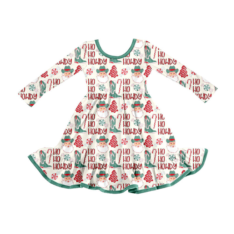 Preorder (moq 5)Baby Girls Santa Howdy Trees Christmas Ruffle Knee Length Dresses