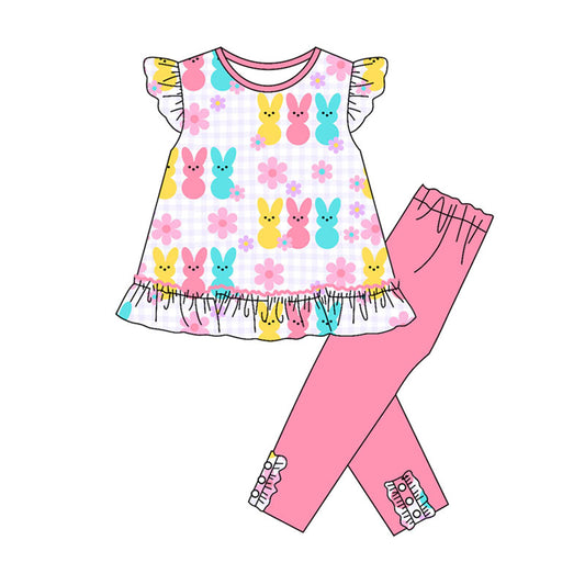 Preorder(moq 8)Baby Girls Colorful Rabbits Flowers Tunic Leggings Easter Clothes Sets