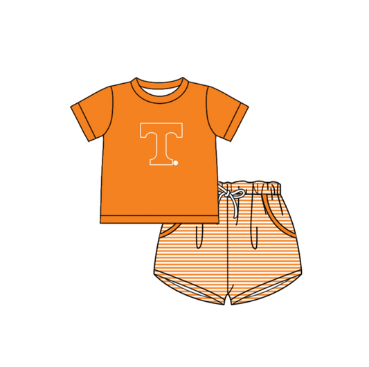 Preorder (moq 5)Baby Boys Orange T Top Pockets Stripe Short Team Clothes Set