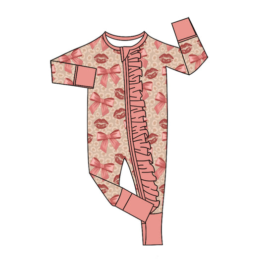 Preorder (moq 5) Baby Girls Pink Leopard Bows Mouths Two Way Ruffle Zip Convertible Rompers