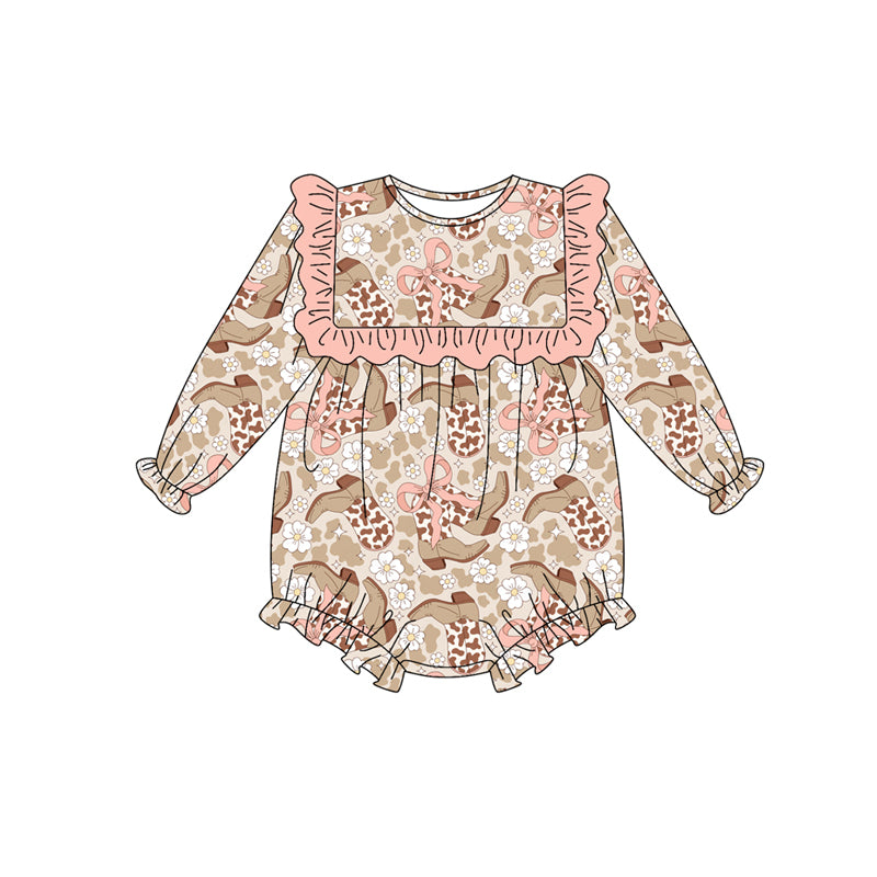 Preorder (moq 5)Baby Girls Long Sleeves Bows Leopard Boots Flowers Ruffle Romper