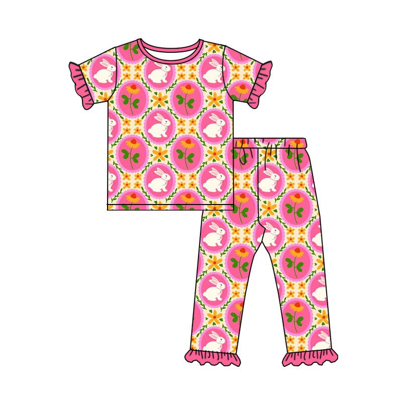 Preorder (moq 5) Baby Girl Clothes Easter Bunny Sunflower Circle Print Short Sleeve Ruffle Top Long Pants Outfit Set