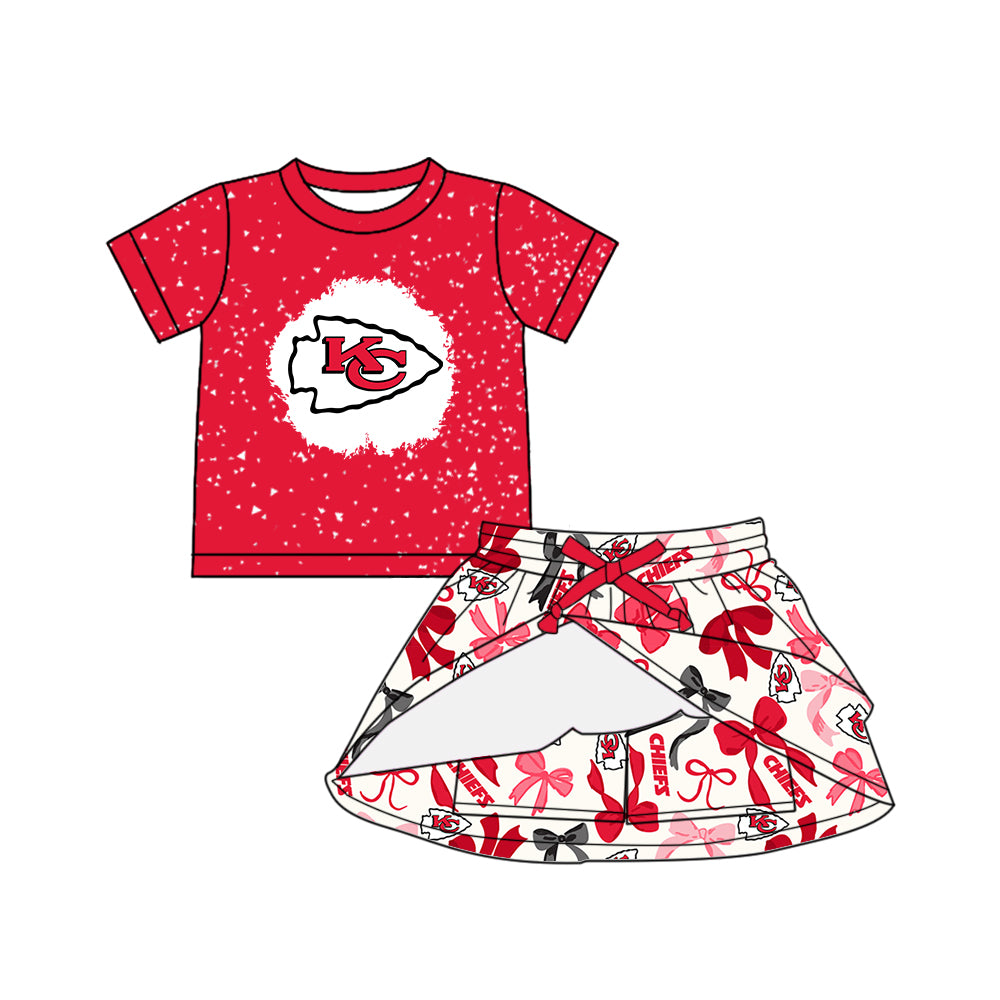 Preorder (moq 5)Baby Girls Pink Short Sleeves KC Chiefs Top Bows Plaid Skort Team Set