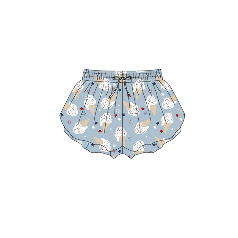 Preorder (moq 5)Baby Girls Red Blue Star Ice Creams 4th of July Ruffle Shorts Bottom
