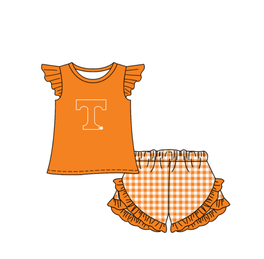 Preorder (moq 5)Baby Girls Orange T Top Checked Ruffle Short Team Clothes Set