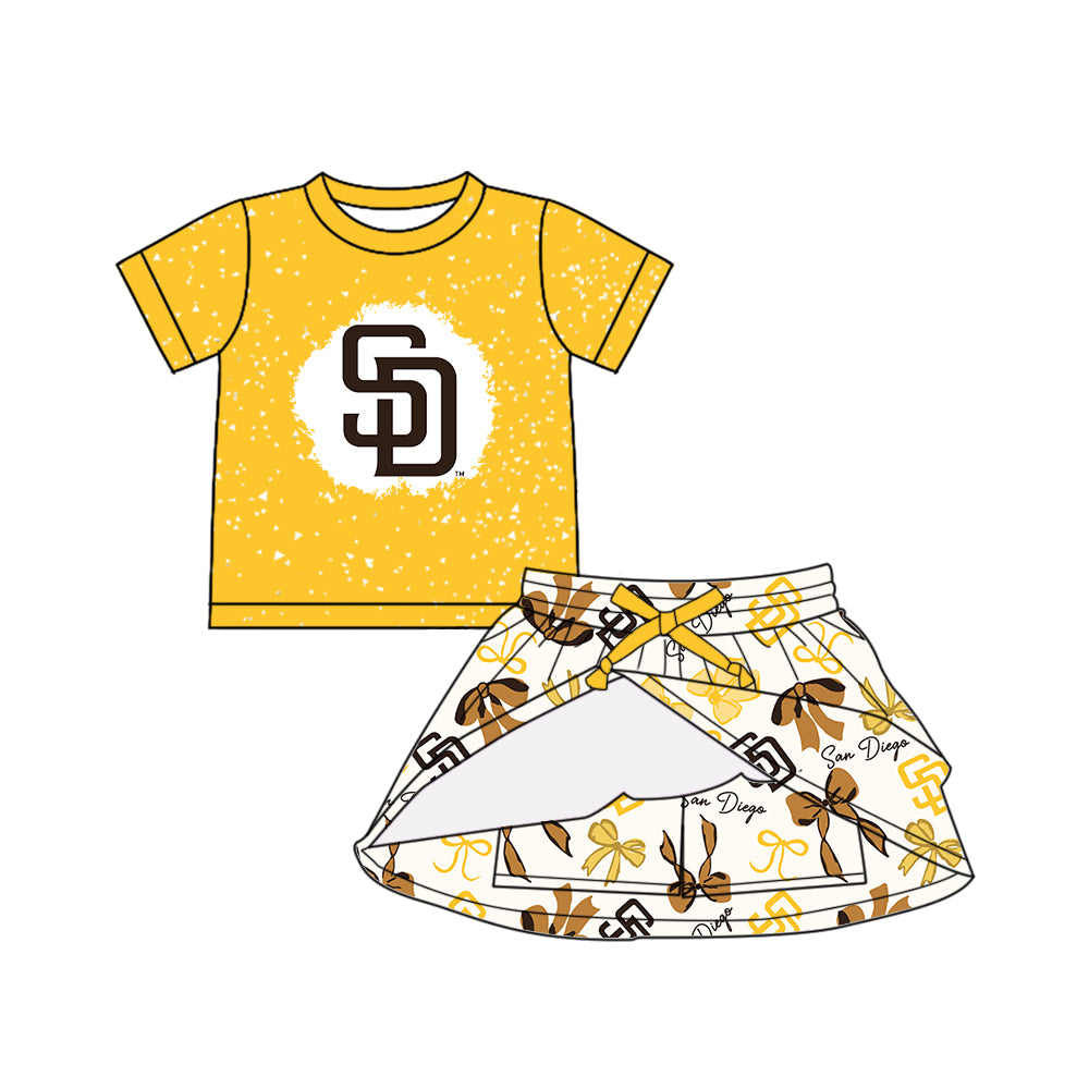 Preorder (moq 5)Baby Girls Yellow Short Sleeves SD Top Bows Plaid Skorts Team Set