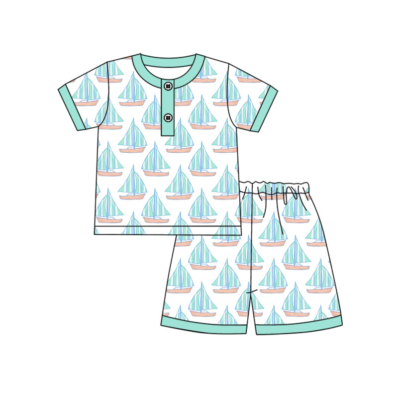 Preorder (moq 5)Baby Boys Sail Boat Top Shorts Pajamas Clothes Sets