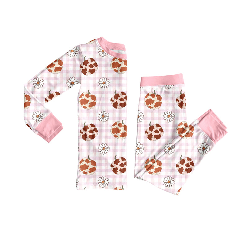 Preorder (moq 5)Baby Girls Pink Camo Pumpkins Daisy Plaid Top Pant Fall Pajamas Set