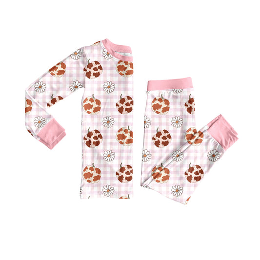 Preorder (moq 5)Baby Girls Pink Camo Pumpkins Daisy Plaid Top Pant Fall Pajamas Set