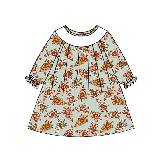 Preorder (moq 5)Baby Girls Green Long Ruffle Sleeves Trees Plaid Knee Length Dresses