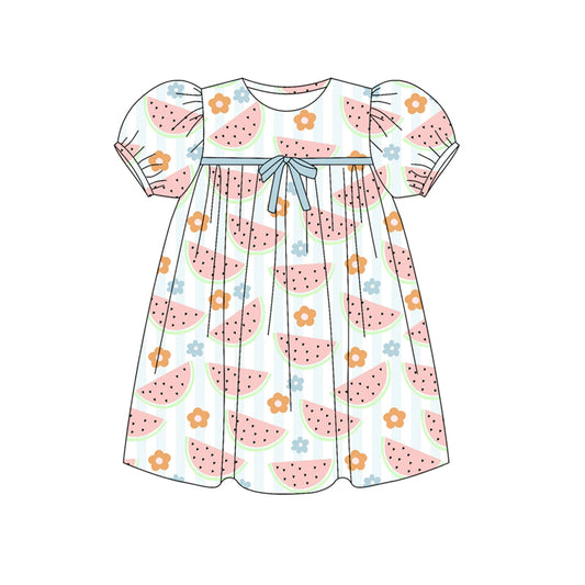 Preorder (moq 5)Baby Girls Short Ruffle Sleeves Watermelons Flowers Knee Length Dresses