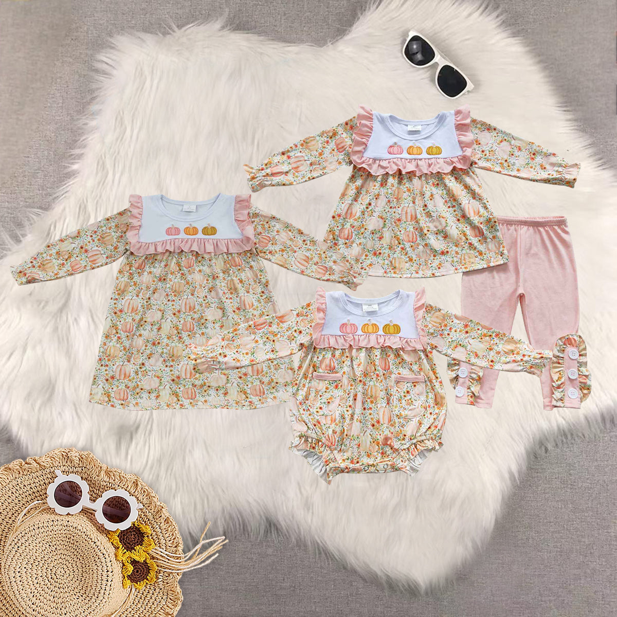 Sibling Baby Girls Embroidery Pumpkins Floral Long Ruffle Sleeves Pant Set Rompers Dresses