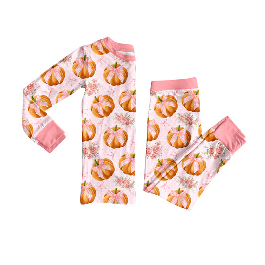 Preorder (moq 5)Baby Girls Long Sleeves Bows Pumpkins Top Pant Pajamas Set
