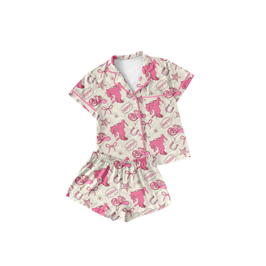 Preorder (moq 5)Baby Girls Pink Short Sleeves Bows Horse Rodeos Button Pocket Top Short Pajamas Set