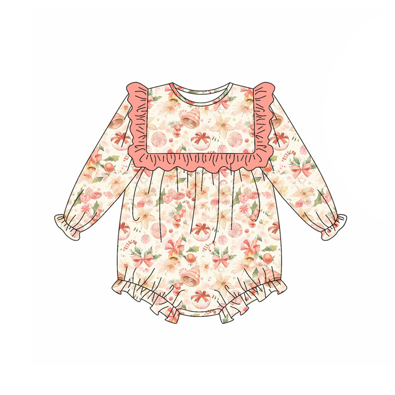 Preorder (moq 5)Baby Girls Long Sleeves Pink Pumpkins Floral Ruffle Rompers