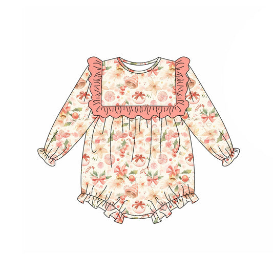 Preorder (moq 5)Baby Girls Long Sleeves Pink Pumpkins Floral Ruffle Rompers
