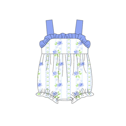Preorder(moq 5)Baby Infant Girls Blue Strap Floral Stripe Ruffle Rompers
