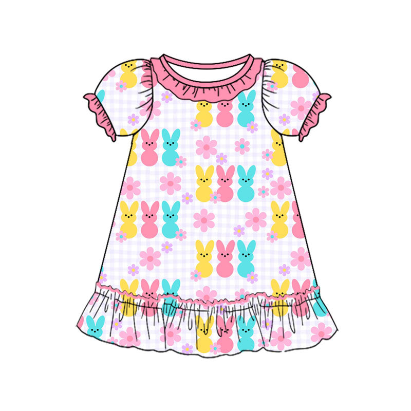 Preorder(moq 8)Baby Girls Colorful Rabbits Flowers Easter Ruffle Knee Length Dresses