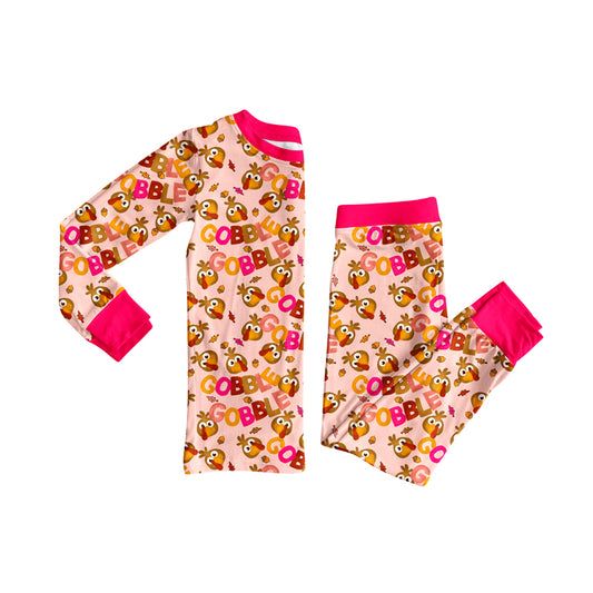 Preorder (moq 5)Baby Girls Long Sleeves Pink Turkey Plaid Top Pants Pajamas Set