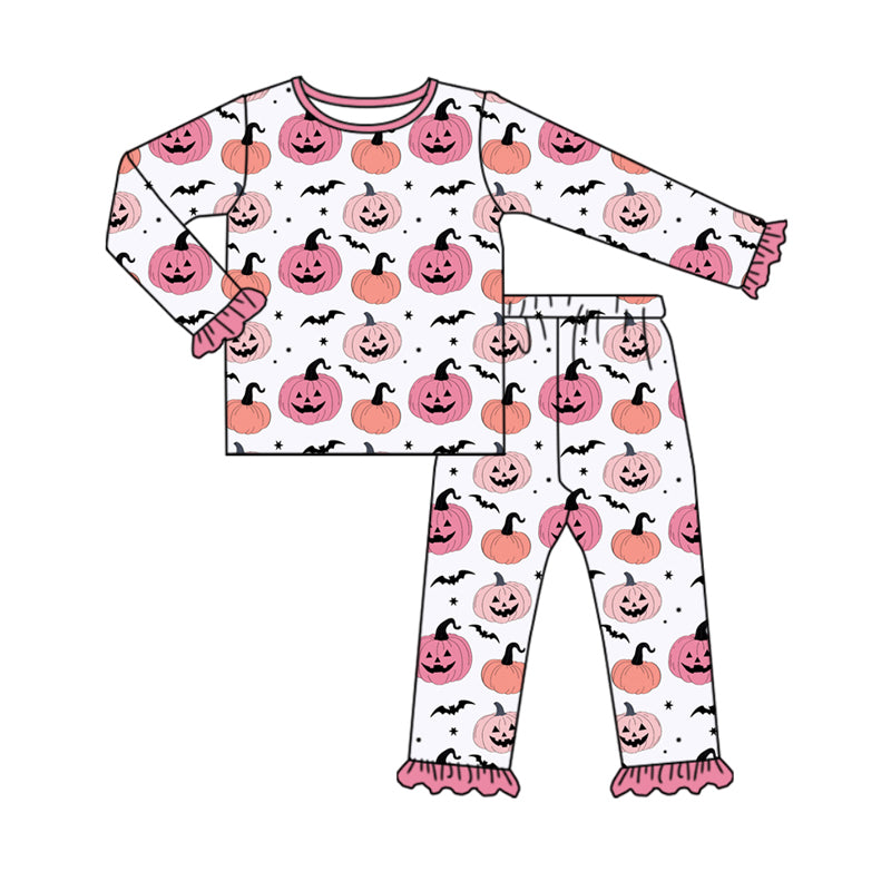 Preorder (moq 5)Baby Girls Long Ruffle Sleeves Bats Ghost Pumpkins Top Pant Pajamas Set