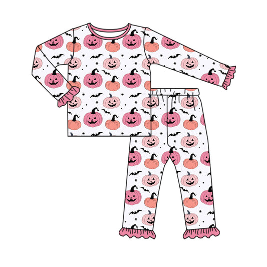 Preorder (moq 5)Baby Girls Long Ruffle Sleeves Bats Ghost Pumpkins Top Pant Pajamas Set