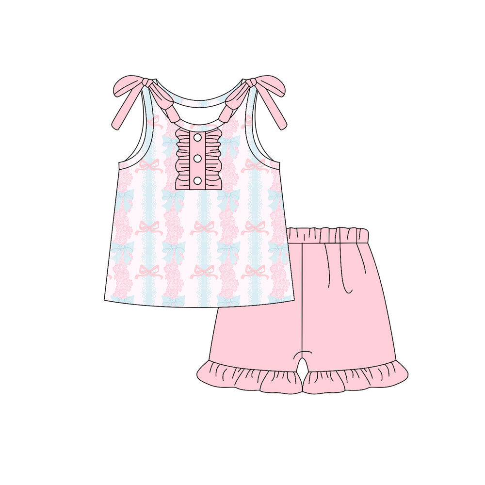 Preorder (moq 5)Baby Girls Sleeveless Pink Floral Bows Stripe Button Top Ruffle Short Sets