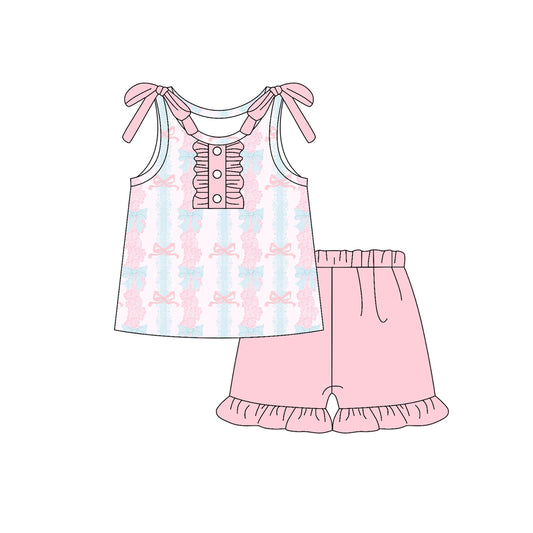 Preorder (moq 5)Baby Girls Sleeveless Pink Floral Bows Stripe Button Top Ruffle Short Sets