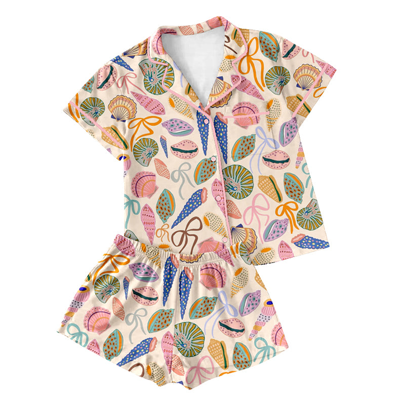 Preorder(moq 5)Adult Women Short Sleeves Button Pocket Colorful Bows Shell Top Short Pajamas Set