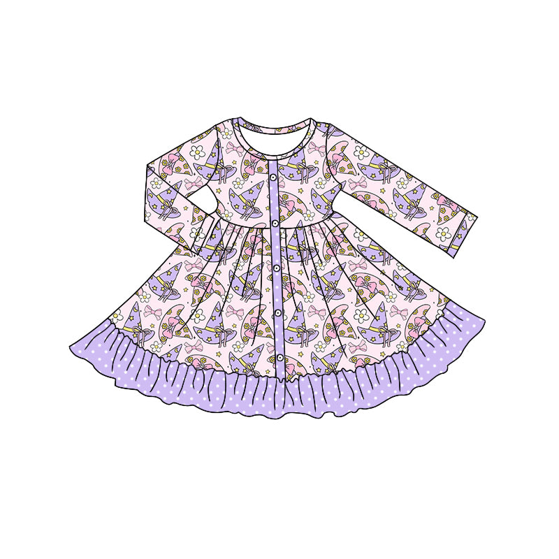 Preorder moq 5 Baby Girls Long Sleeves Lavender Magic Hats Button Ruffle Knee Length Dresses