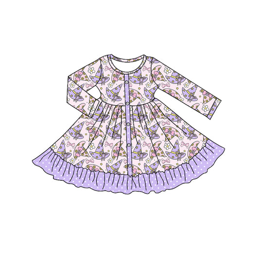 Preorder moq 5 Baby Girls Long Sleeves Lavender Magic Hats Button Ruffle Knee Length Dresses