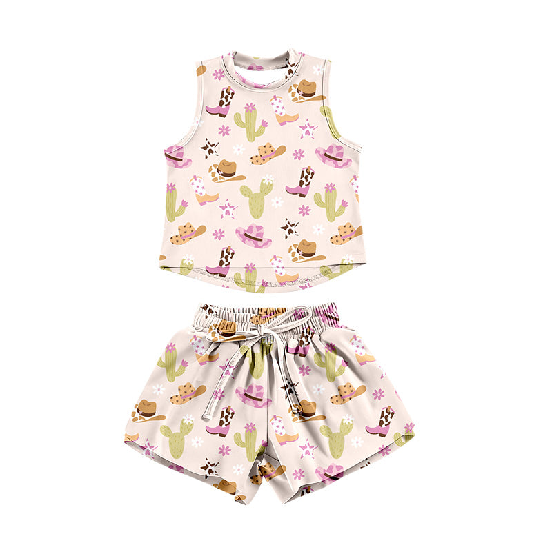Preorder (moq 5)Baby Girls Hats Boots Cactus Top Shorts Western Clothes Set