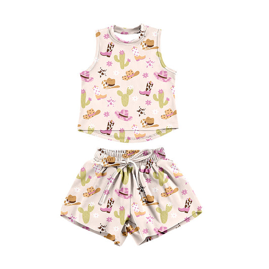 Preorder (moq 5)Baby Girls Hats Boots Cactus Top Shorts Western Clothes Set