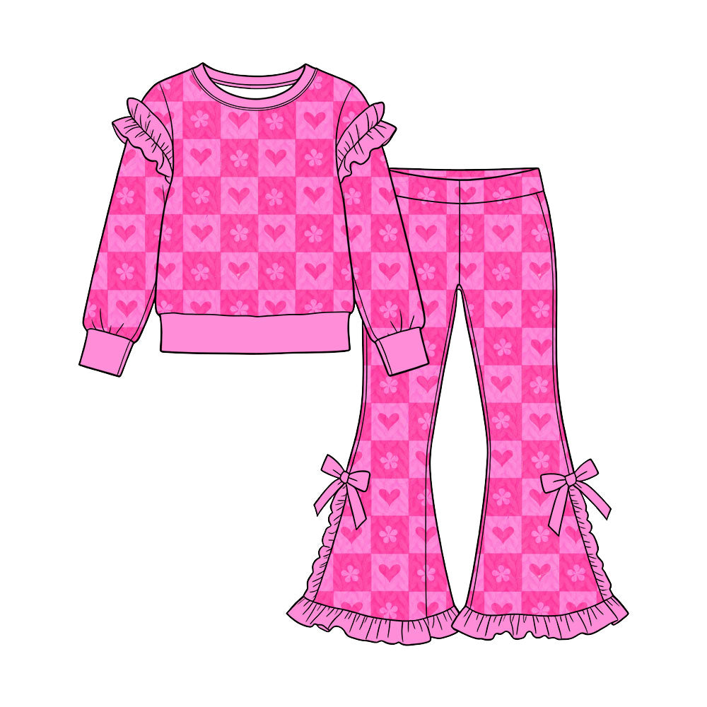 Preorder (moq 5) Baby Girl Clothes Valentine Pink Checker Heart Floral Print Ruffle Long Sleeve Top Bow Flare Pant Set