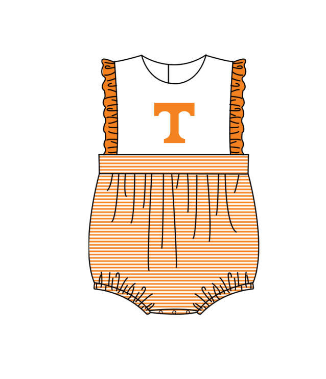 Preorder (moq 5)Baby Girls Sleeveless Orange T Team Ruffle Rompers