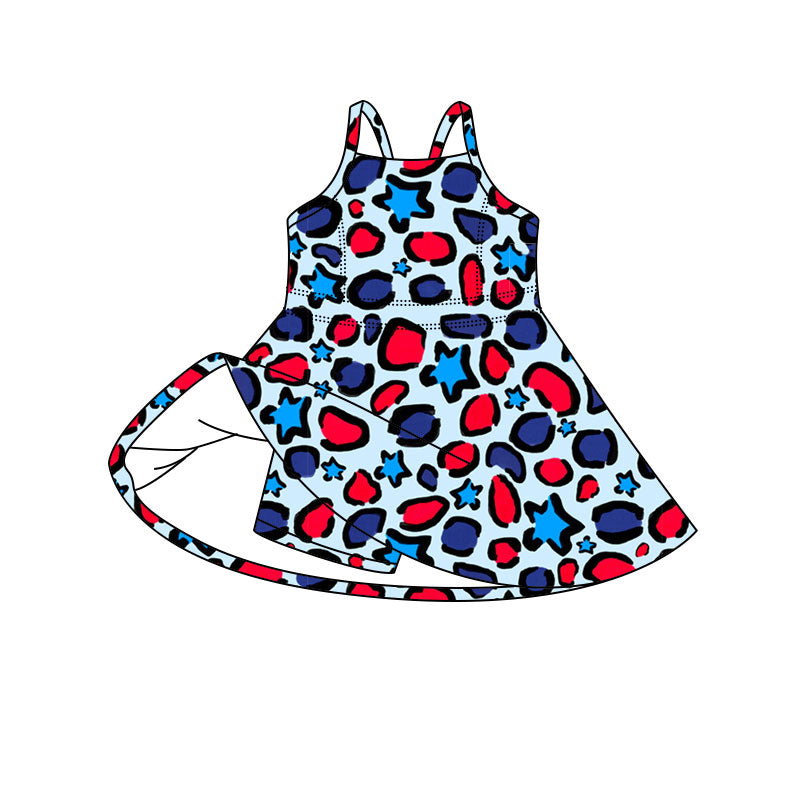 Preorder moq 5 Baby Girls Straps Leopard Stars 4th of July Shorts Knee Length Dresses