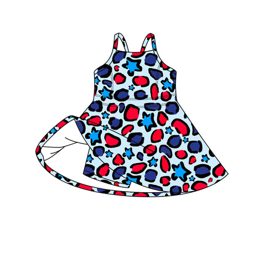 Preorder moq 5 Baby Girls Straps Leopard Stars 4th of July Shorts Knee Length Dresses