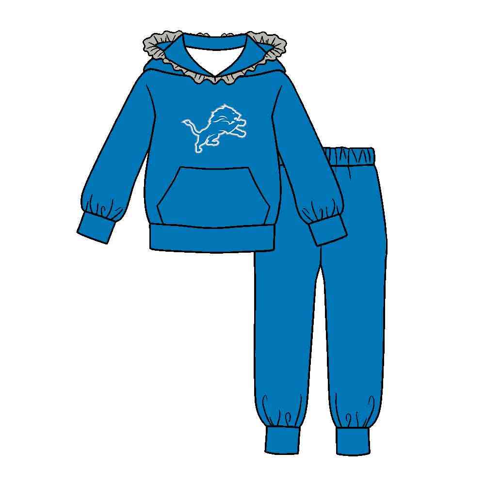 Preorder (moq 5)Baby Girls Blue Lions Pocket Ruffle Hoodie Joggers Team Clothes Set