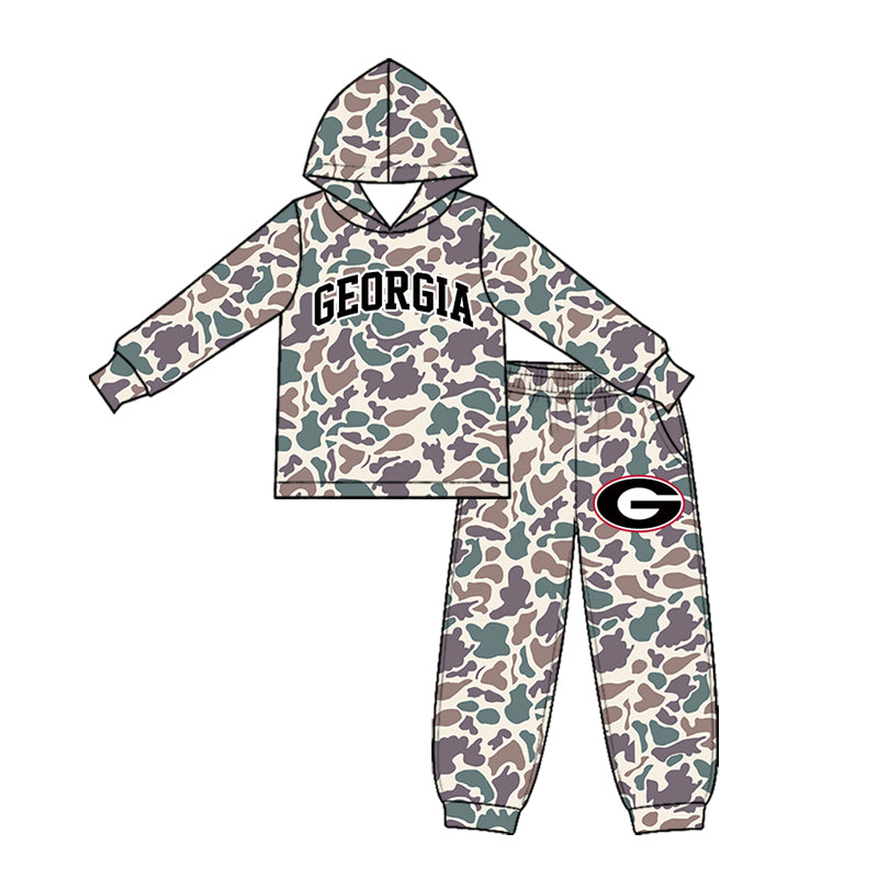 Preorder (moq 5) Baby Boy Clothes Georgia Team Gray Purple Camo Print Long Sleeve Hoodie Jogger Pant Set