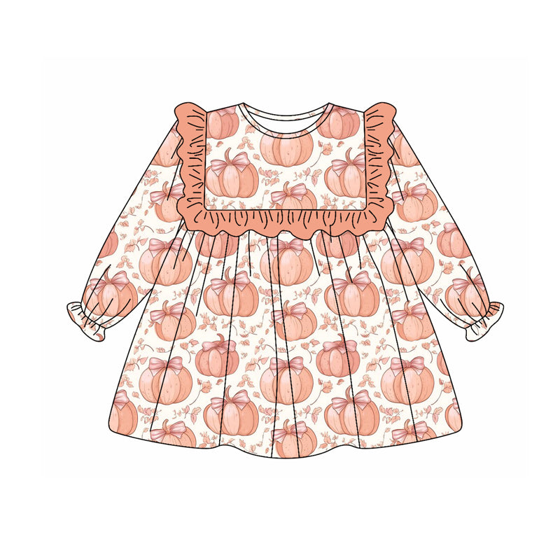 Preorder (moq 5)Baby Girls Long Ruffle Sleeves Peach Flowers Pumpkins Knee Length Dresses