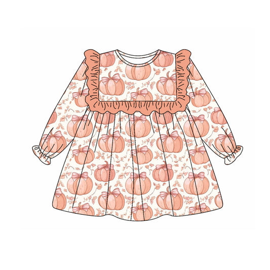 Preorder (moq 5)Baby Girls Long Ruffle Sleeves Peach Flowers Pumpkins Knee Length Dresses