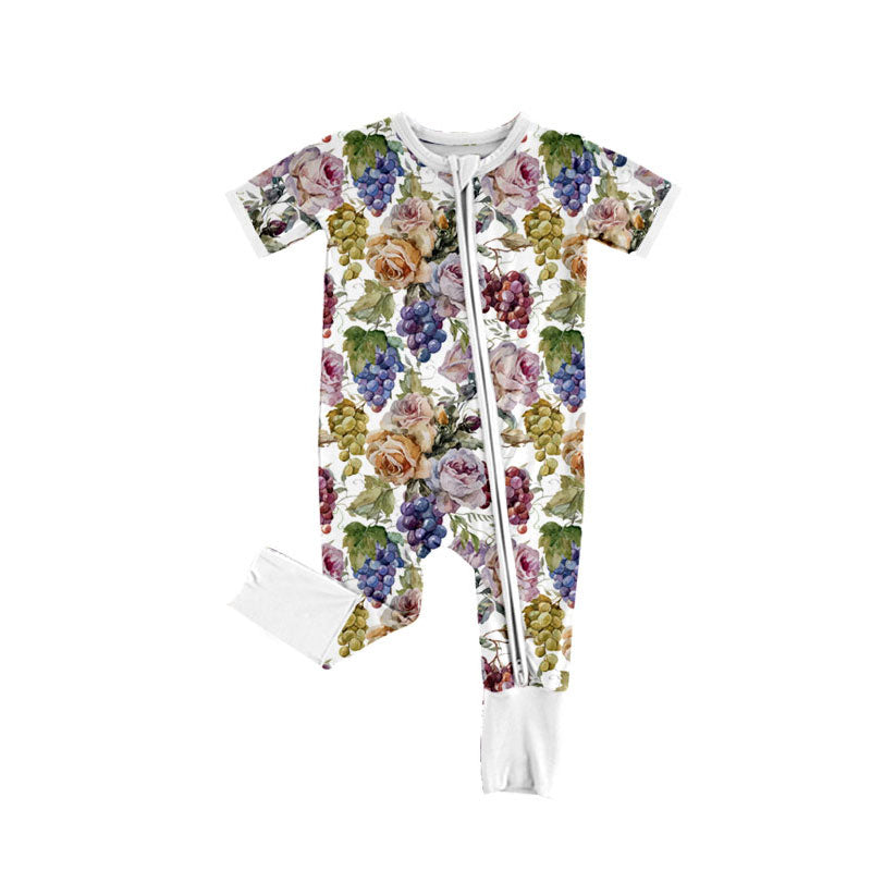 Preorder (moq 5)Baby Girls Short Sleeve Flowers Grapes Two Way Zipper Convertible Rompers