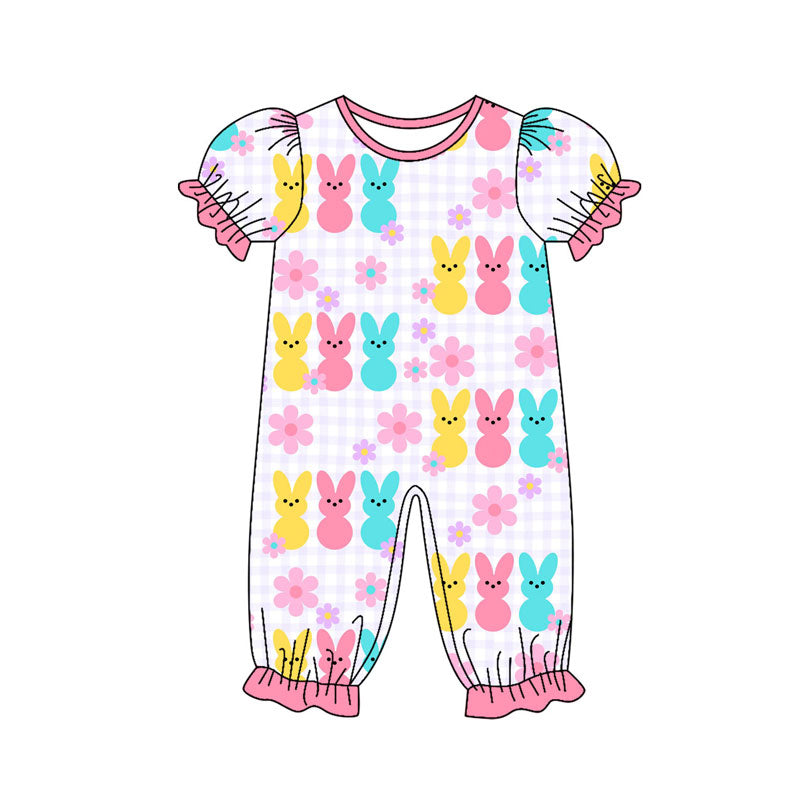Preorder (moq 8)Baby Girls Colorful Rabbits Flowers Easter Ruffle Footie Rompers