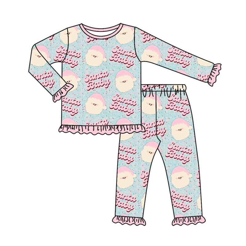 Preorder (moq 5)Baby Girls Long Sleeves Pink Santa Babe Top Pant Pajamas Clothes Set