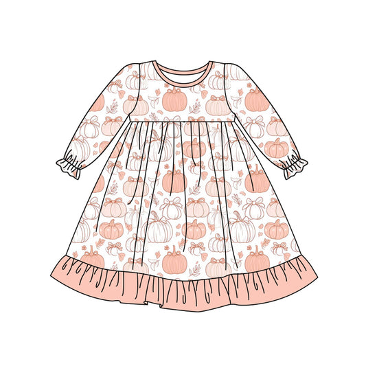 Preorder (moq 5)Baby Girls Long Ruffle Sleeves Bows Pumpkins Plaid Knee Length Dresses