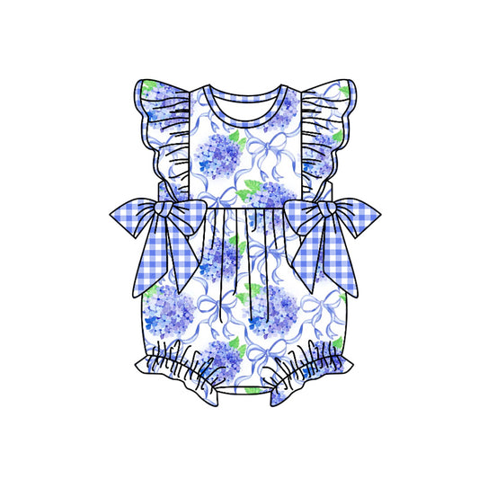 Preorder moq 5 Baby Girls Flutter Sleeves Purple Plaid Bows Floral Ruffle Rompers