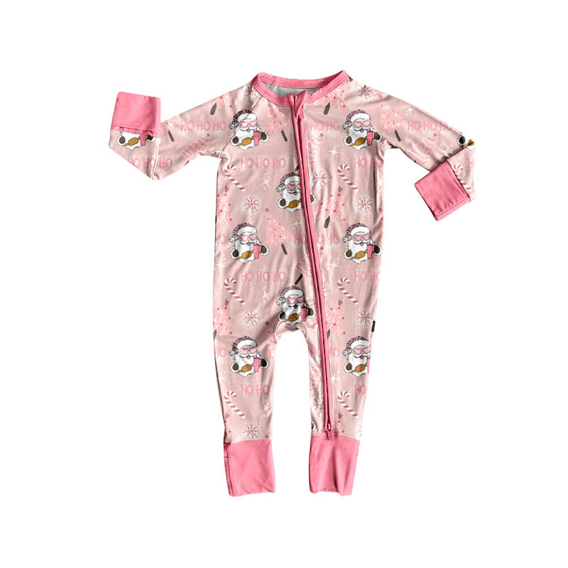 Preorder (moq 20)Baby Girls Bamboo Pink Tree Santa Gingerbread Christmas Zippy Footie Rompers