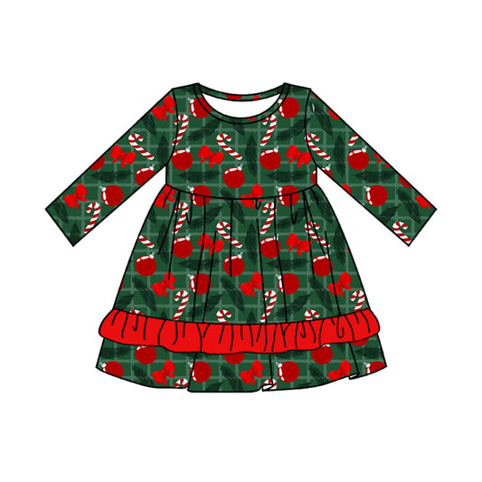 Preorder moq 5 Baby Girls Green Plaid Long Sleeves Candy Cane Bows Ruffle Knee Length Dresses