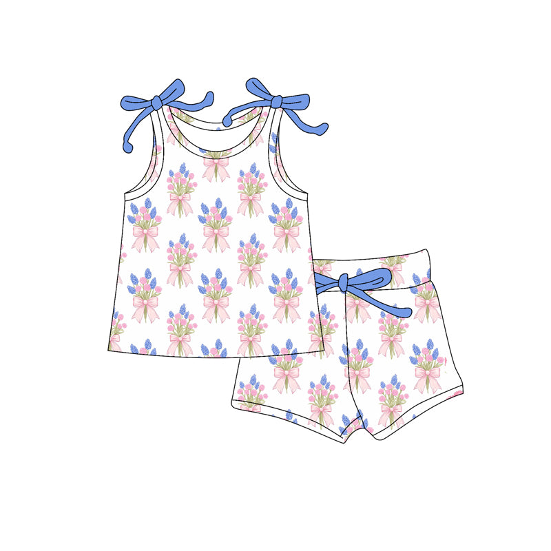 Preorder moq 5 Baby Girls Bows Sleeveless Pink Blue Flowers Plaid Top Short Set
