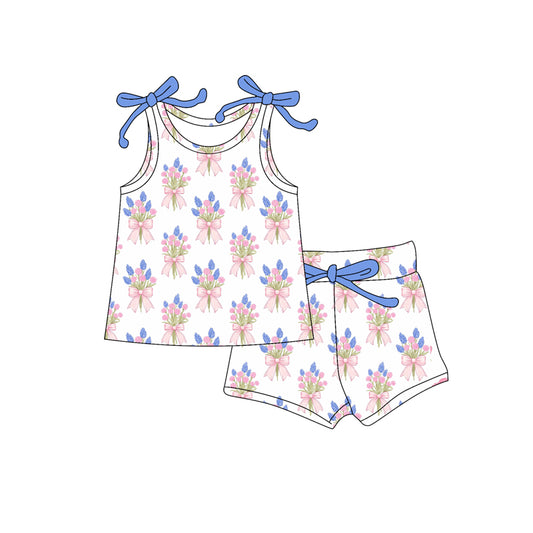 Preorder moq 5 Baby Girls Bows Sleeveless Pink Blue Flowers Plaid Top Short Set